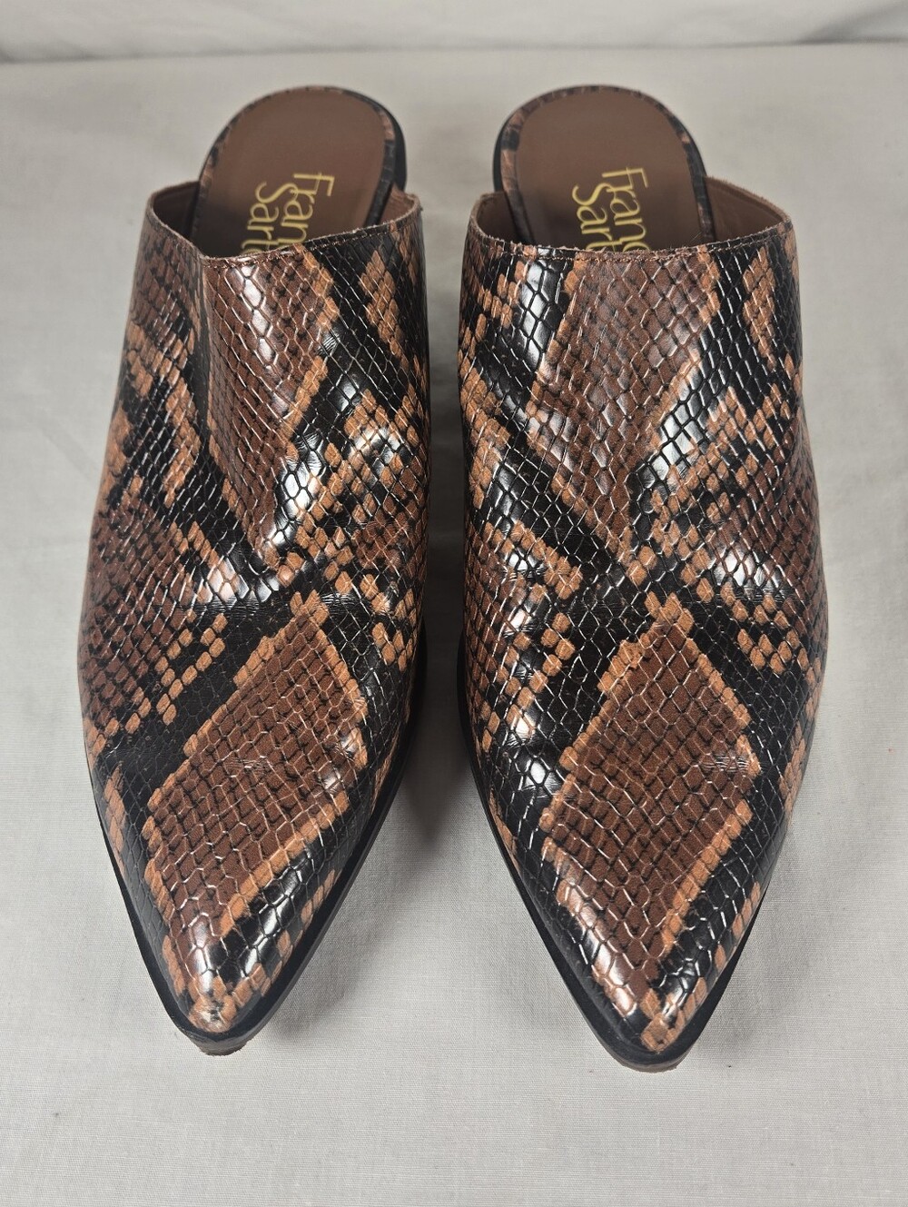 Franco Sarto Snakeprint Leather Mules Women's 8 Black Brown Slip On Block Heel